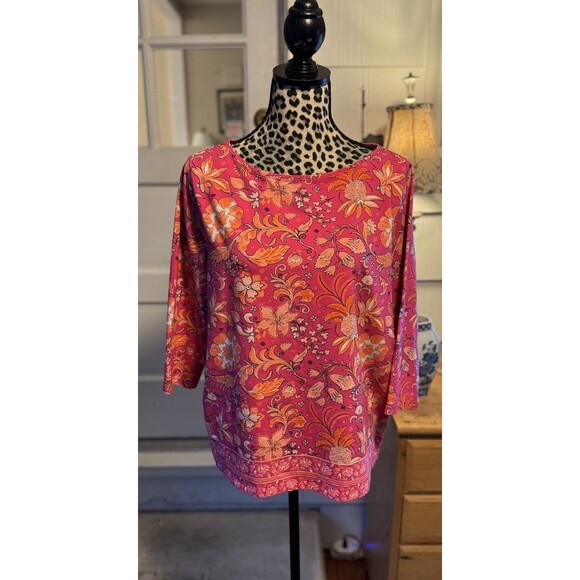 Talbots Top 3/4 Sleeve Tee Floral Boho Retro Summer Eclectic Pink Orange Sz 2Xp - Picture 1 of 10